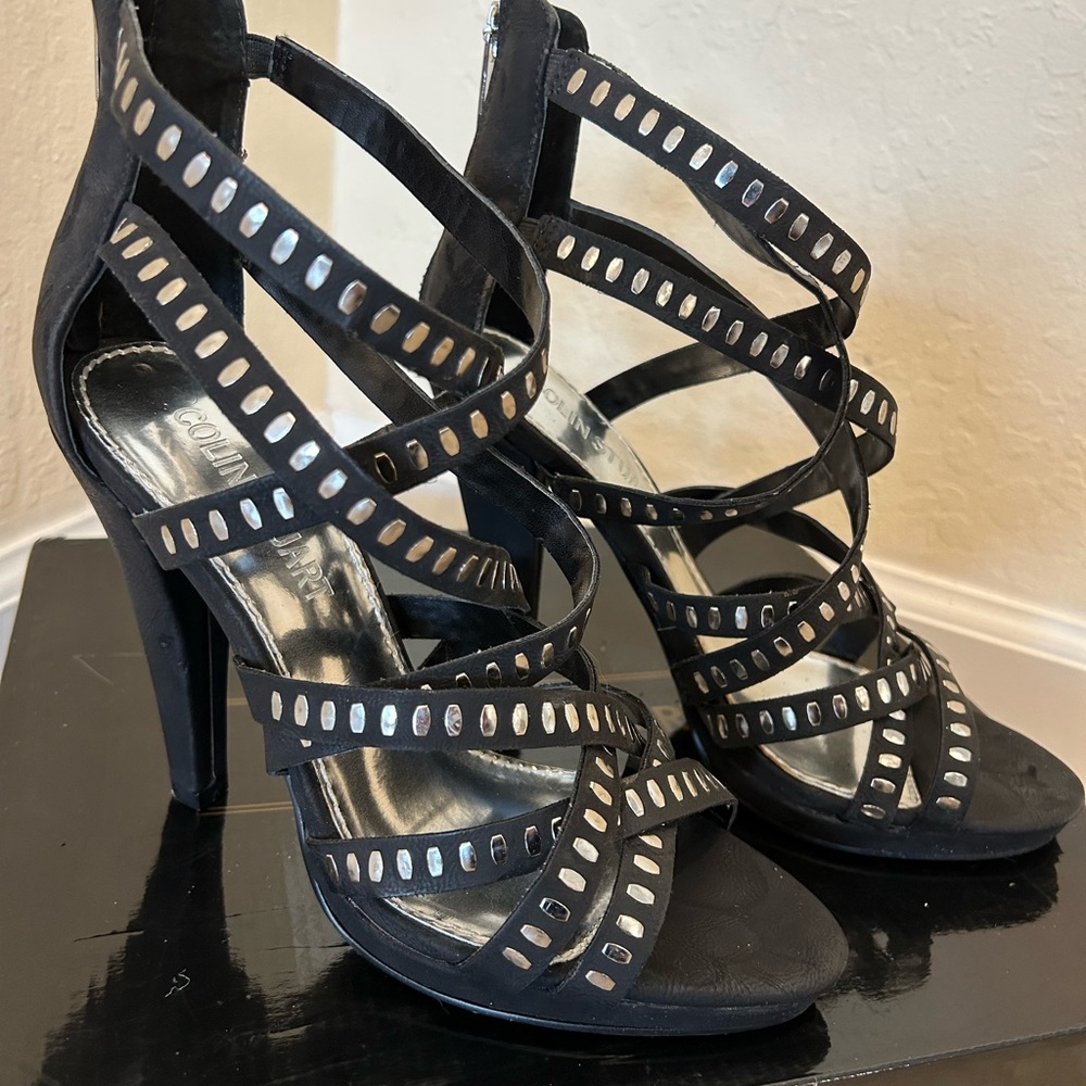 ◼️3xHP◼️Edgy Black Studded Strappy Heels EUC - Picture 3 of 8
